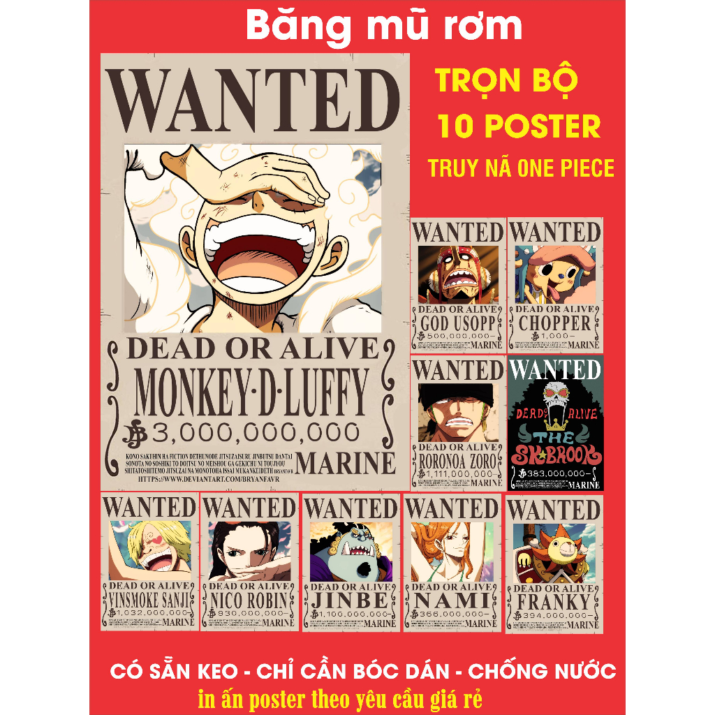 Poster lệnh truy nã One Piece, chống nước, poster dán tường Băng Mũ Rơm One Piece