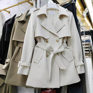 Áo mangto nữ dây đai dáng lửng, Áo khoác măng tô kèm dây đai chất kaki