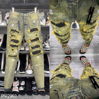 Quần jean bò nam Amiri slimfit xanh bụi rách tua xù vá đính đá bạc dọc đùi vảy sơn trắng 4 cúc QJ281P