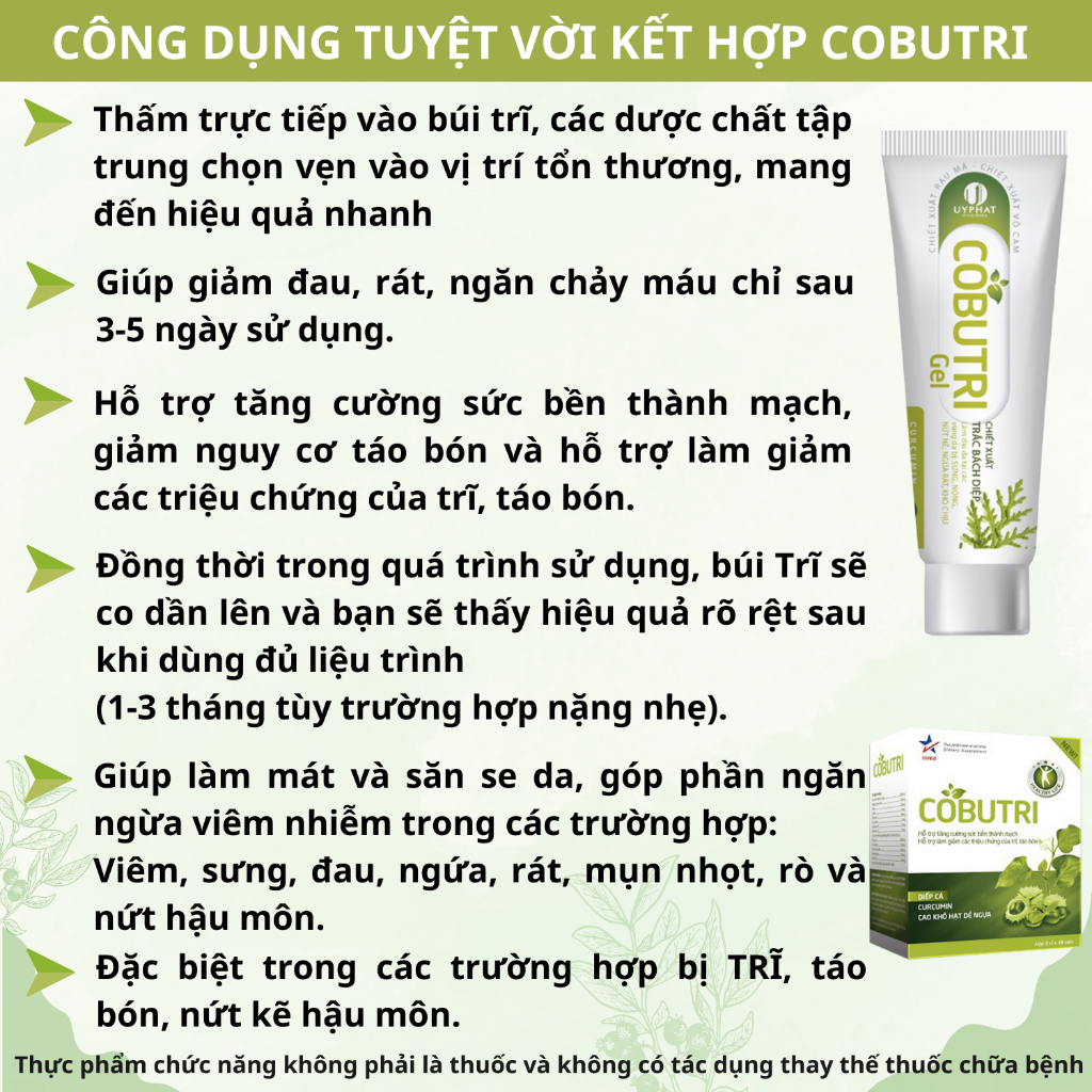 Gel bôi trĩ COBUTRI GEL - Kem bôi trĩ hỗ trợ giảm trĩ, giúp co búi trĩ, giảm táo bón và đau rát hậu môn - Tuýp 20G