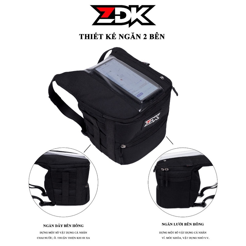 Túi treo đầu xe máy ZDK, phiên bản mới có lỗ sạc pin, hỗ trợ chống sốc, thoát nhiệt điện thoai, 2 ngăn đựng đồ dùng