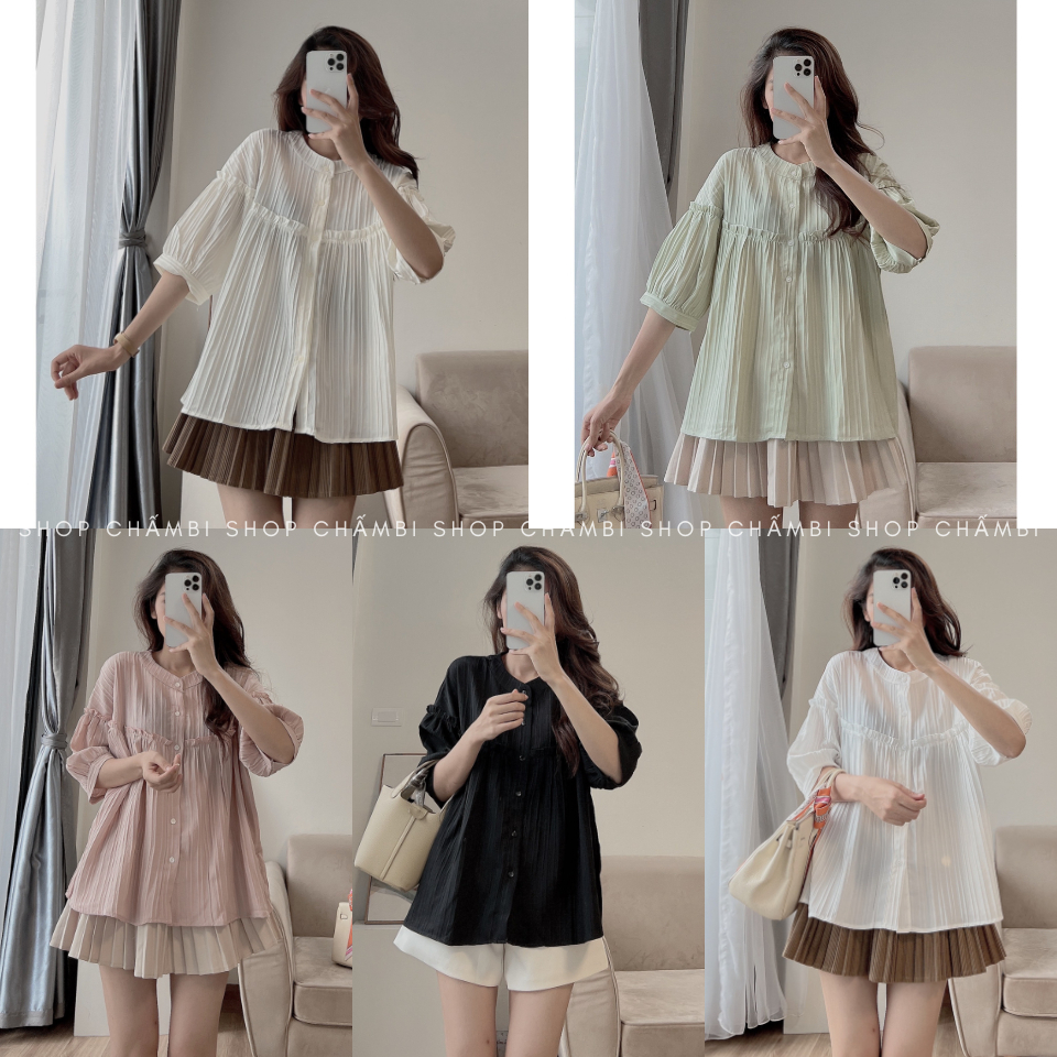 Áo sơ mi nữ A.503, Áo babydoll cổ tròn cộc tay đũi gân đơn giản dễ thương - Shop Chấm Bi | BigBuy360 - bigbuy360.vn