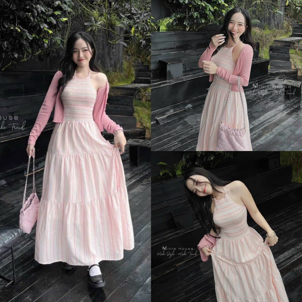 Đầm váy nữ dáng xòe nhún tầng cổ yếm phối linine sọc sang chảnh tôn dáng dễ thương mix áo khoắc