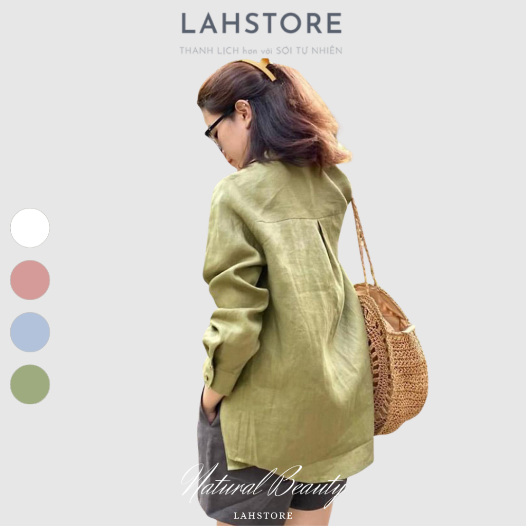 Áo sơ mi nữ dài tay form rộng vải linen đính cúc gỗ, phong cách công sở dạo phố LAHSTORE AL02 (Xanh Cốm)