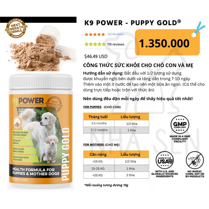 Bột sữa dinh dưỡng cho chó  K9 POWER  PUPPY GOLD - Tăng cường sức khỏe và thể chất