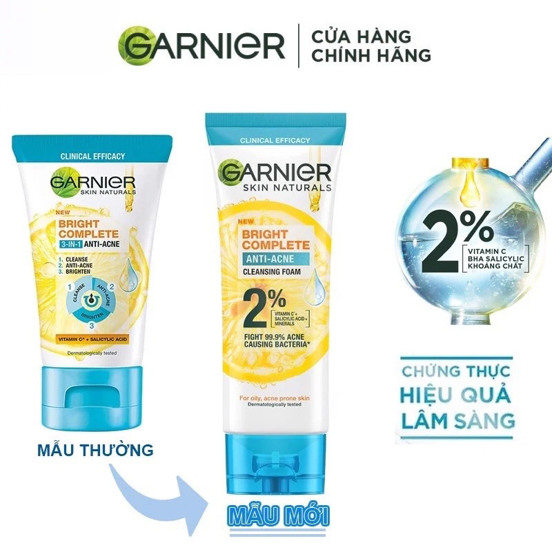 Sữa rửa mặt 3-trong-1 giảm mụn & sáng da Garnier Bright Complete Anti-Acne Foam 50g