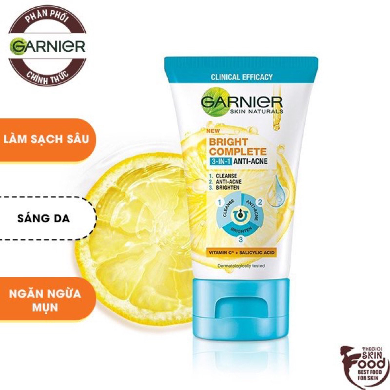 Sữa rửa mặt 3-trong-1 giảm mụn & sáng da Garnier Bright Complete Anti-Acne Foam 50g