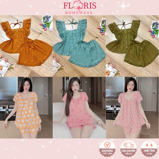 Đồ bộ nữ cổ vuông tay bồng quần ngắn lụa mango mặc nhà thoáng mát