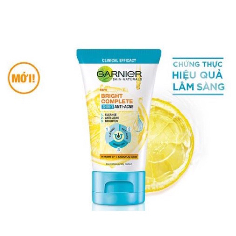 Sữa rửa mặt 3-trong-1 giảm mụn & sáng da Garnier Bright Complete Anti-Acne Foam 50g