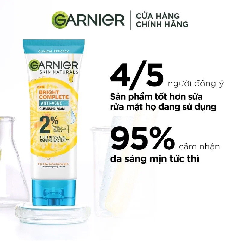 Sữa rửa mặt 3-trong-1 giảm mụn & sáng da Garnier Bright Complete Anti-Acne Foam 50g