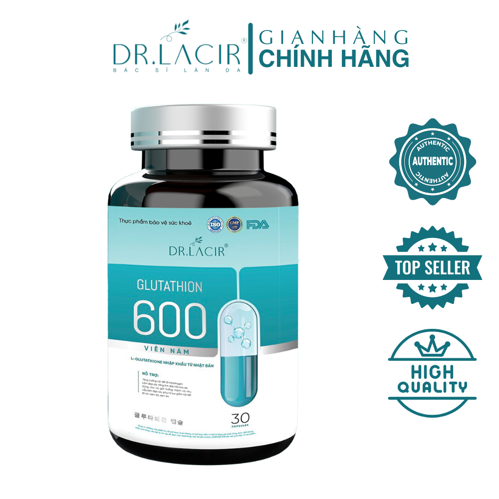 Viên nám GLUTATHION 600 DR.LACIR giúp trắng da, tăng cường collagen, ngăn ngừa lão hóa hộp 30 viên