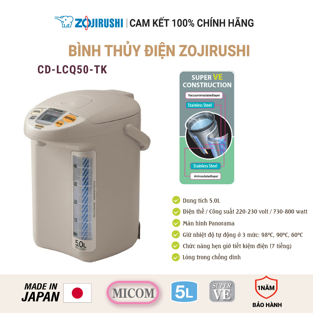 Bình thủy điện Zojirushi 800W CD-LCQ50-TK 5L, sản xuất tại Nhật, bảo hành 1 năm