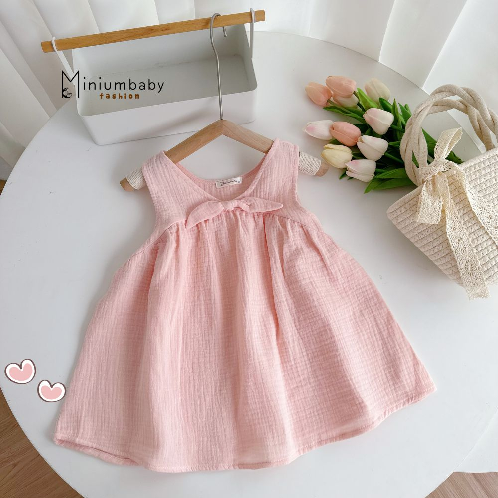 Váy xinh xắn đính nơ điệu đà cho bé gái, chất liệu mềm mại thoáng mát, miniumbabyfashion V1573