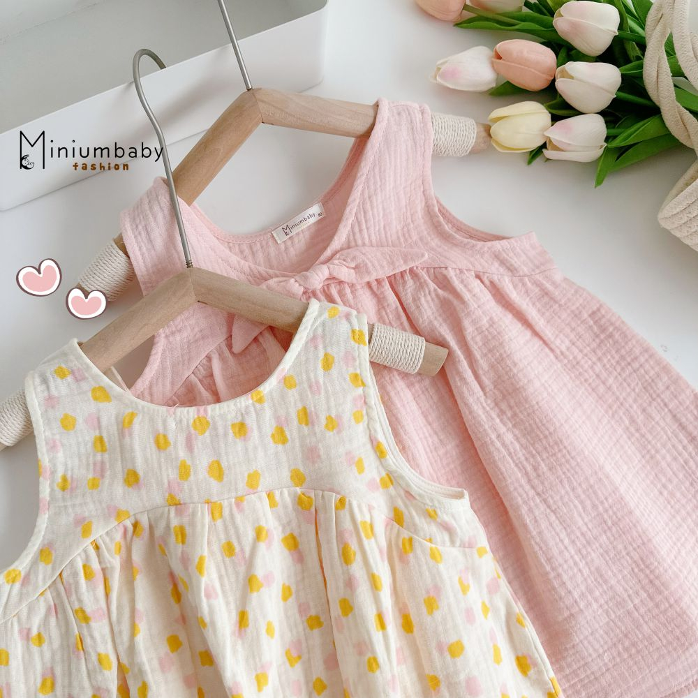 Váy xinh xắn đính nơ điệu đà cho bé gái, chất liệu mềm mại thoáng mát, miniumbabyfashion V1573