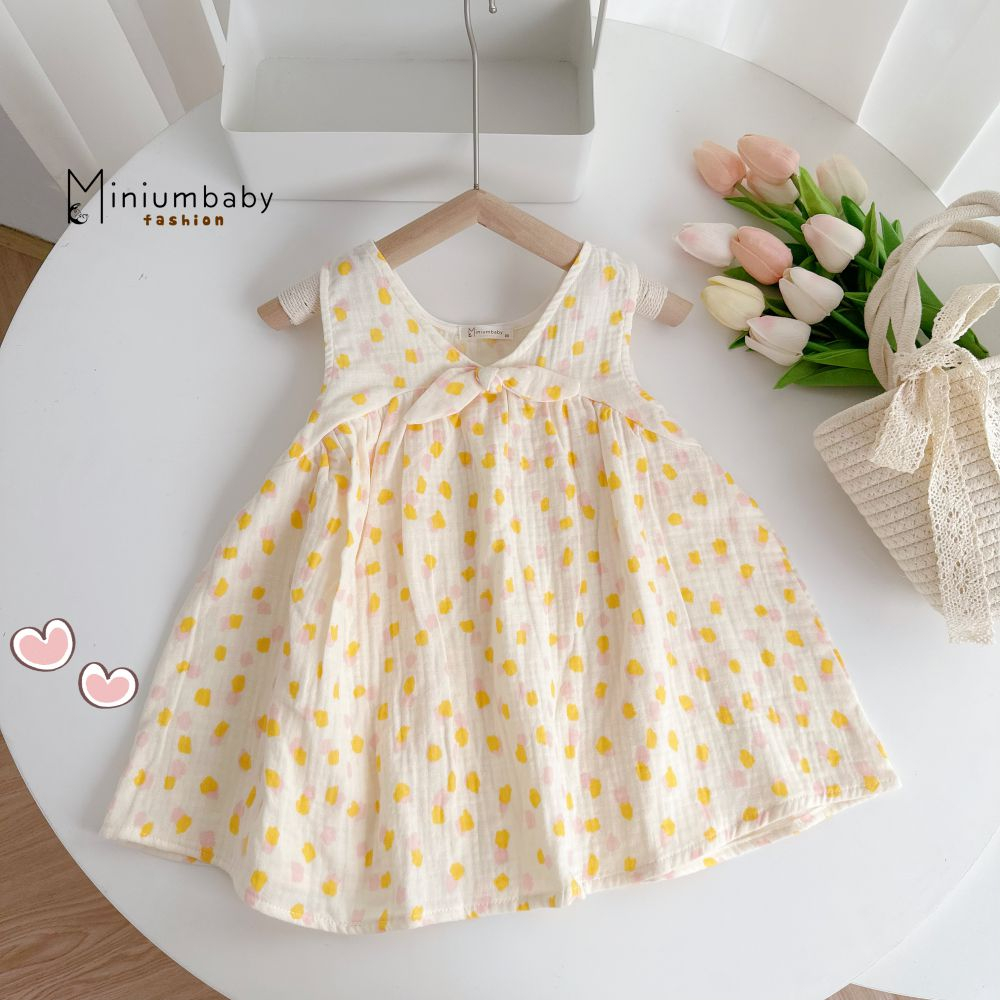 Váy xinh xắn đính nơ điệu đà cho bé gái, chất liệu mềm mại thoáng mát, miniumbabyfashion V1573
