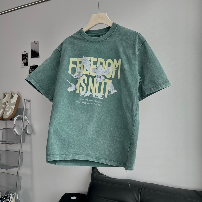 Áo thun wash unisex form rộng,in hình Pigeon màu xanh