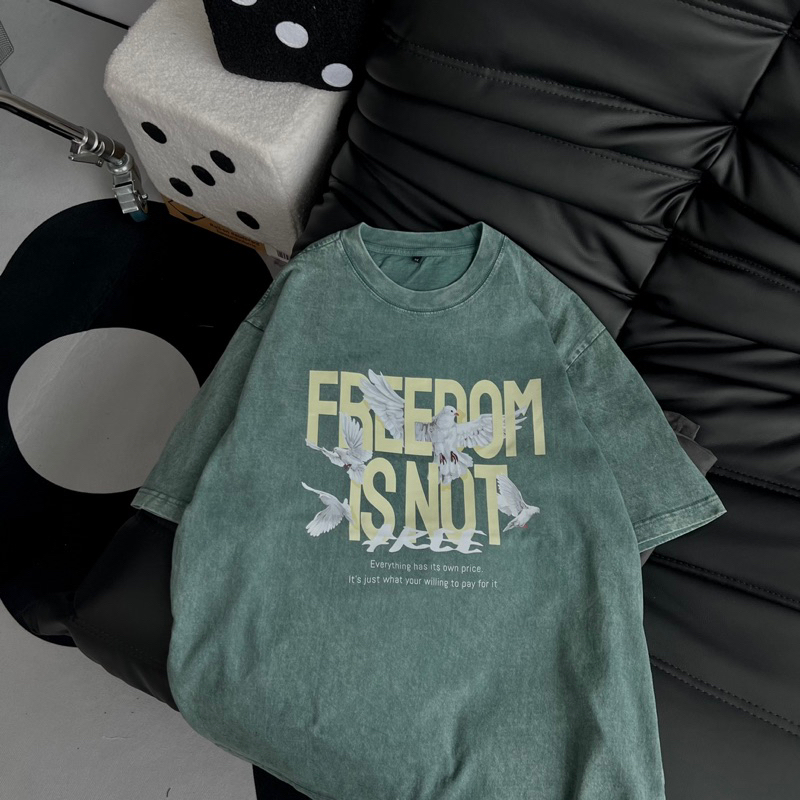 Áo thun wash unisex form rộng,in hình Pigeon màu xanh