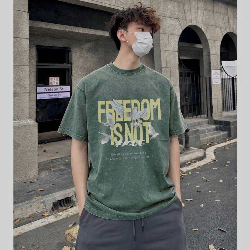 Áo thun wash unisex form rộng,in hình Pigeon màu xanh