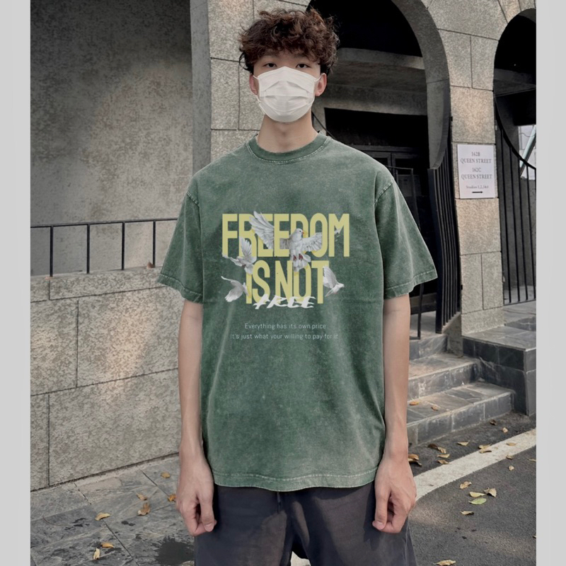 Áo thun wash unisex form rộng,in hình Pigeon màu xanh