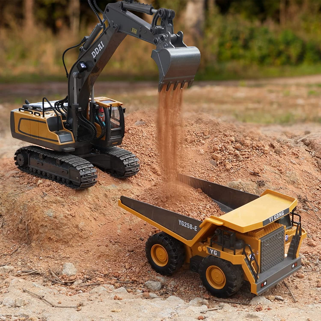 Xe công trình điều khiển từ xa Yigong Máy múc 11 Kênh YG258C + Máy ủi 9 kênh YG258F + Xe ben 9 kênh Yg258E