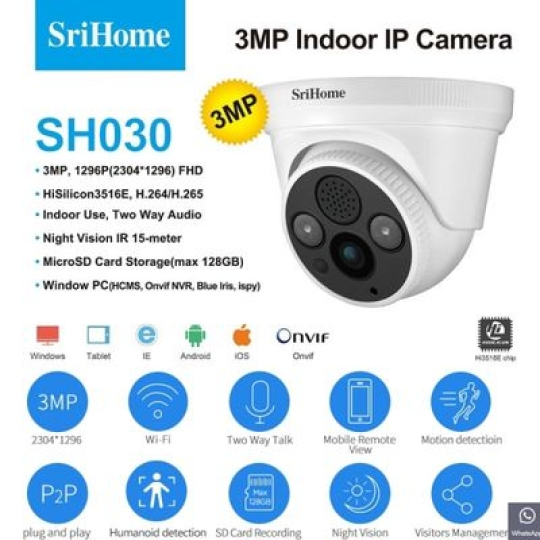 CAMERA GIA ĐÌNH SRIHOME SH030 3.0, GHI HÌNH 1296P, LED HỒNG NGOẠI XUYÊN MÀN ĐÊM, ĐÀM THOẠI 2 CHIỀU. BẢO HÀNH 6 THÁNG