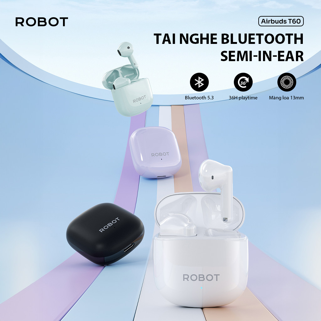 Tai Nghe Bluetooth 5.3 ROBOT Airbuds T60 Semi In Ear Playtime 36H, Chống Nước IPX4