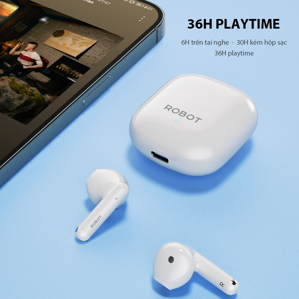 Tai Nghe Bluetooth 5.3 ROBOT Airbuds T60 Semi In Ear Playtime 36H, Chống Nước IPX4