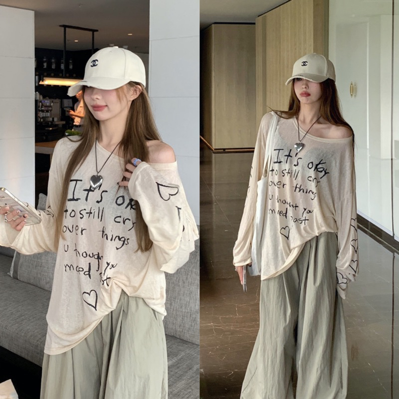 Áo Thun Giấy Dài Tay Hoạ Tiết Chữ Trái Tim Siêu Hot