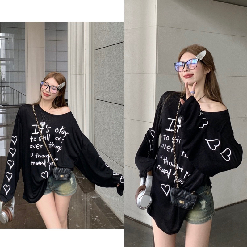 Áo Thun Giấy Dài Tay Hoạ Tiết Chữ Trái Tim Siêu Hot