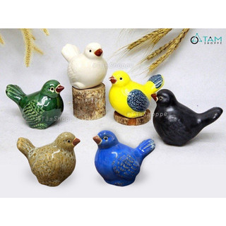 [CAO CẤP] Tượng chim sẻ gốm đuôi xòe mỏ đỏ nhiều màu TCV-CHIM-01
