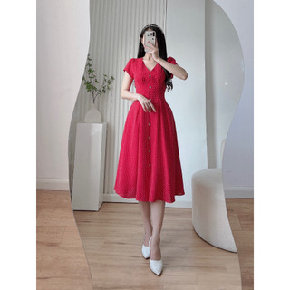 Đầm nữ xòe bi đỏ cổ tim lynna d193