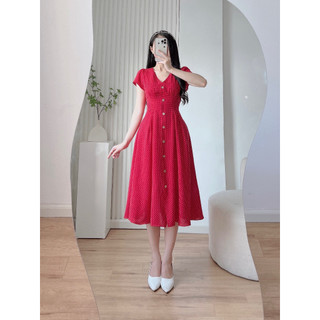 Đầm nữ xòe bi đỏ cổ tim Lynna D193