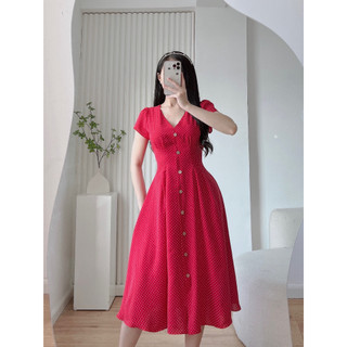 Đầm nữ xòe bi đỏ cổ tim Lynna D193