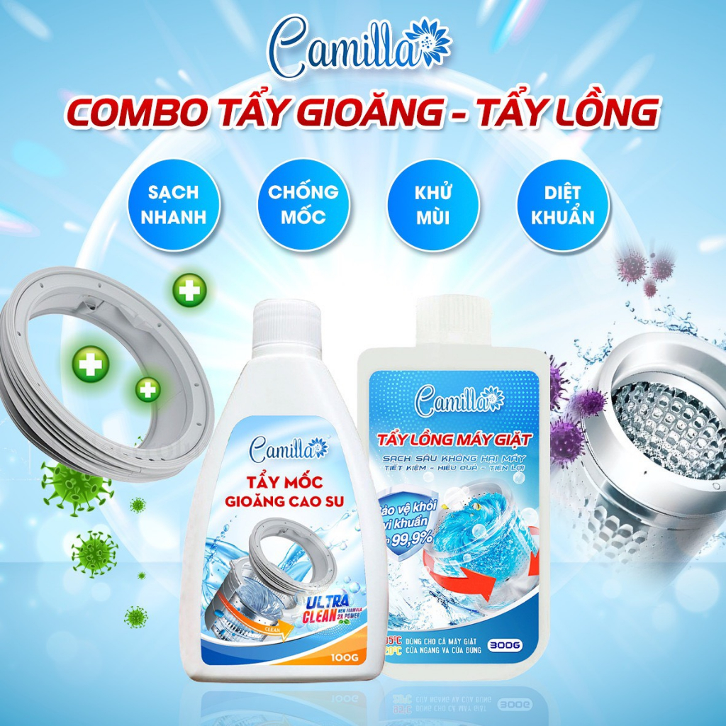 Combo Tẩy Lồng Máy Giặt Camilla 300gr + Tẩy Mốc Gioăng Cao Su Cao Cấp Camilla 100gr. Giúp Làm Và Loại Bỏ Vi Khuẩn Nâm Mố