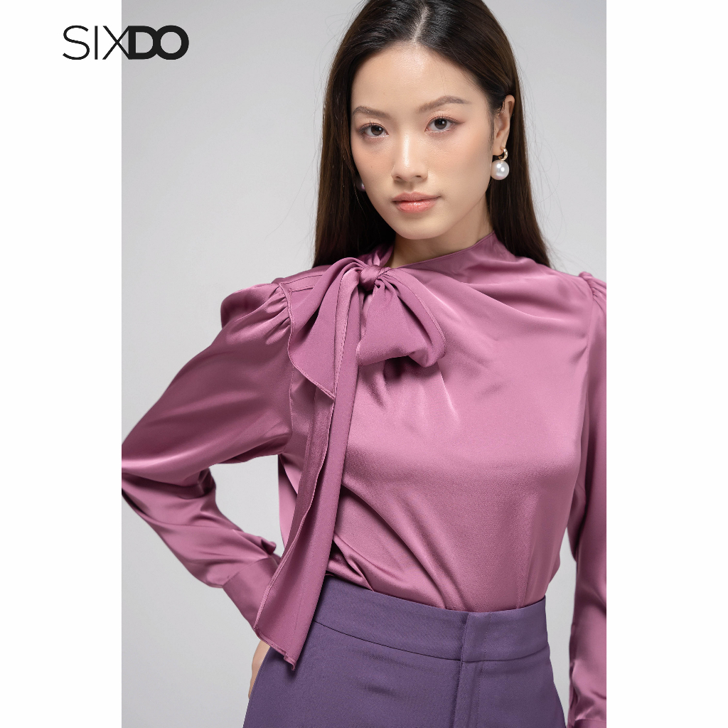 Áo lụa kiểu nữ dài tay thắt dây cổ SIXDO (Light Murrey Long Sleeves Silk Top)