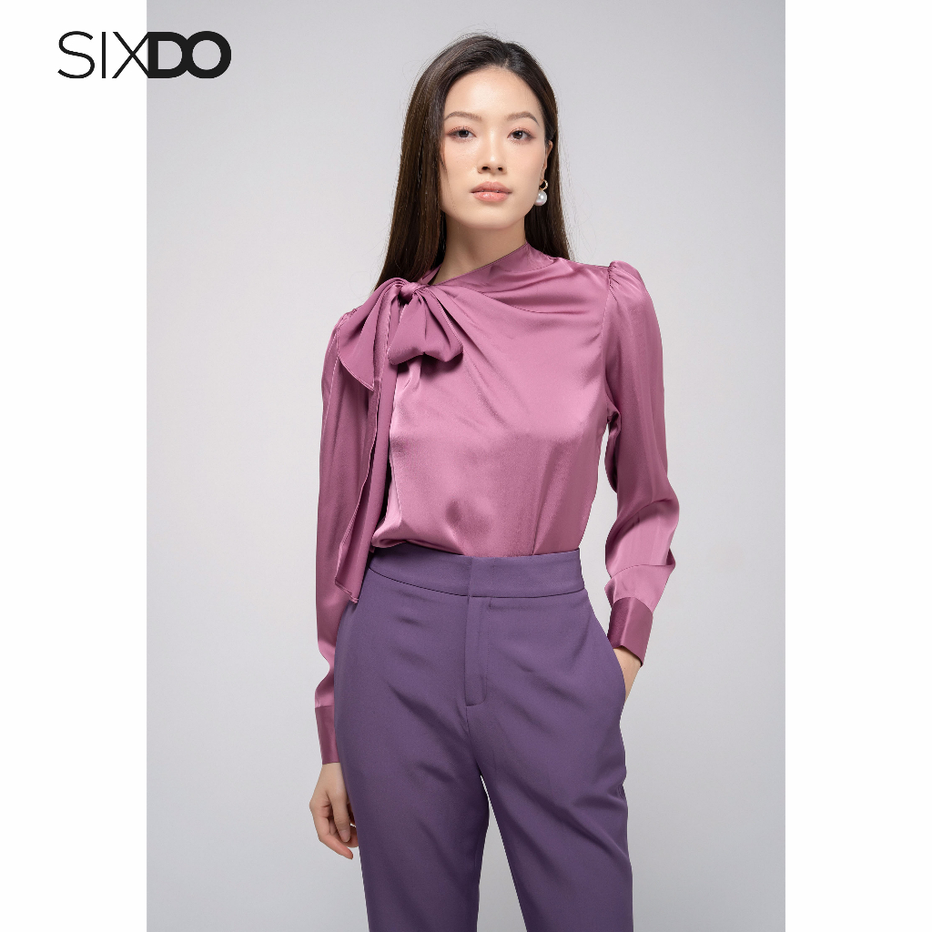 Áo lụa kiểu nữ dài tay thắt dây cổ SIXDO (Light Murrey Long Sleeves Silk Top)