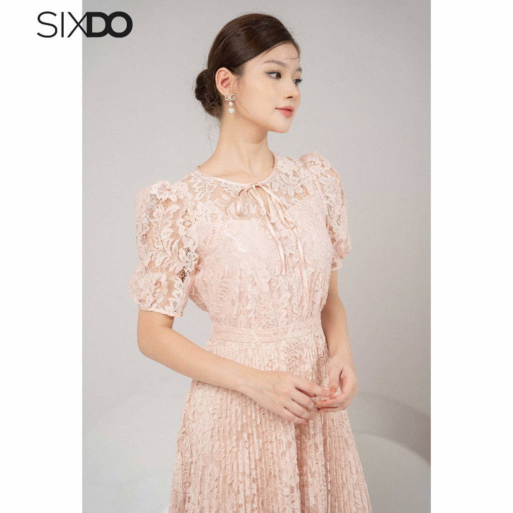 Đầm ren xếp ly ngắn tay dây cổ thời trang SIXDO (Salmon Keyhole Midi Lace Dress)