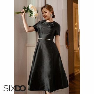 Đầm đen taffeta cổ tròn dáng xòe SIXDO
