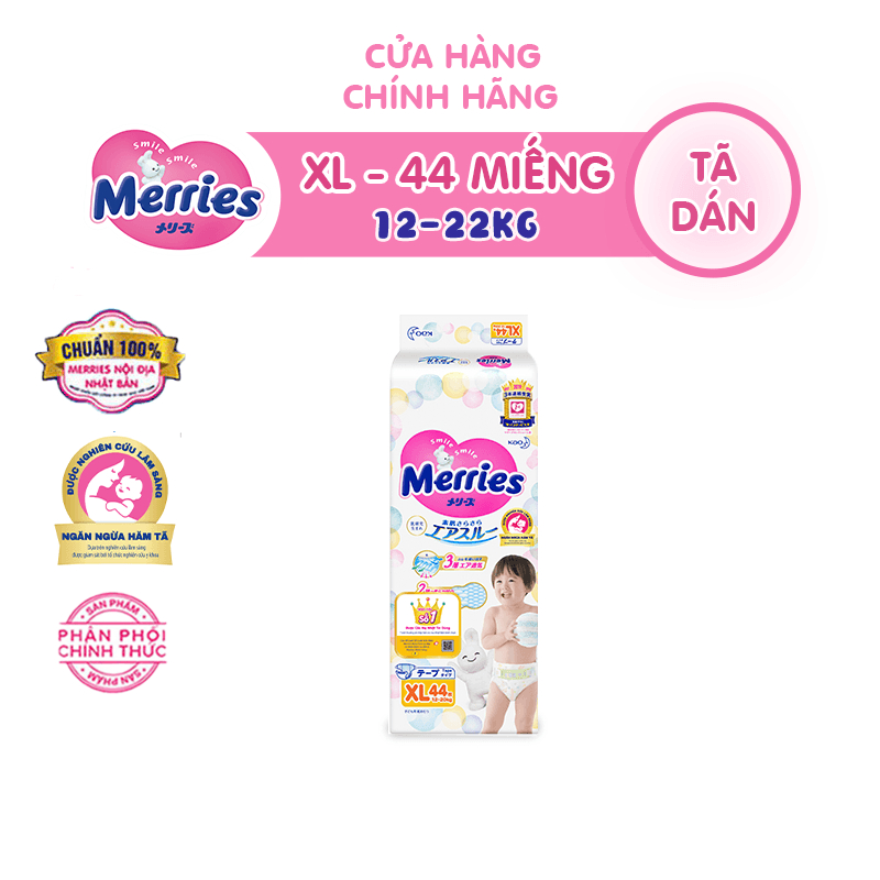 Tã/bỉm dán Merries size XL 44 miếng (Cho bé 12 - 20 kg)