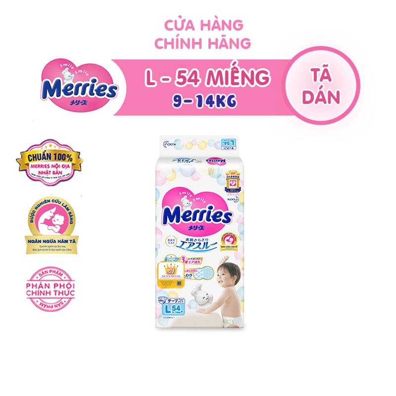 Tã/bỉm dán Merries size L 54 miếng (Cho bé dưới 9 - 14 kg)