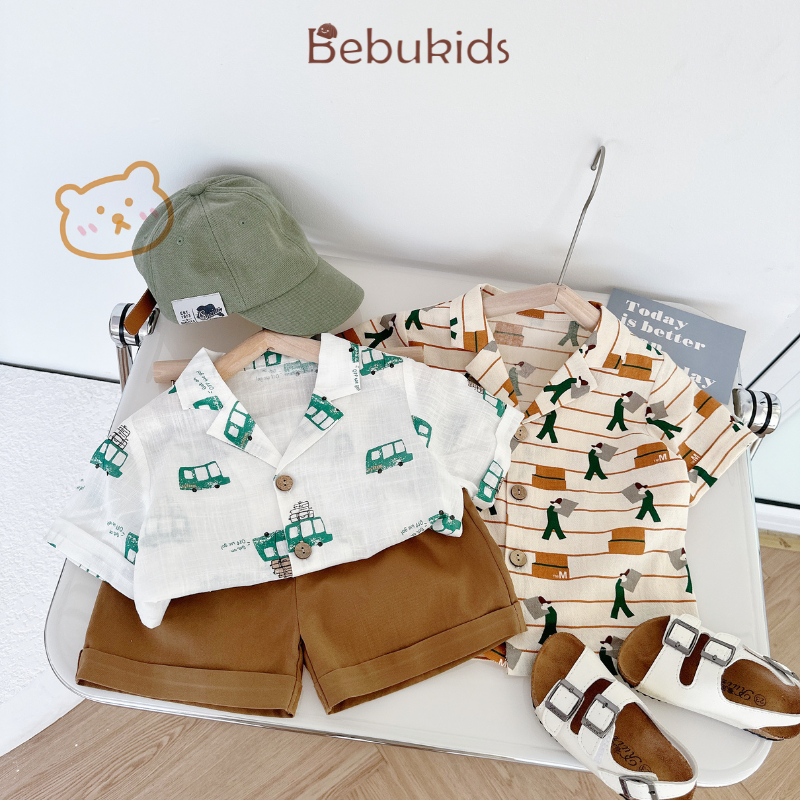 Áo sơ mi cộc tay họa tiết nổi bật đáng yêu, chất liệu cotton cho bé, bebukidsstore A1528