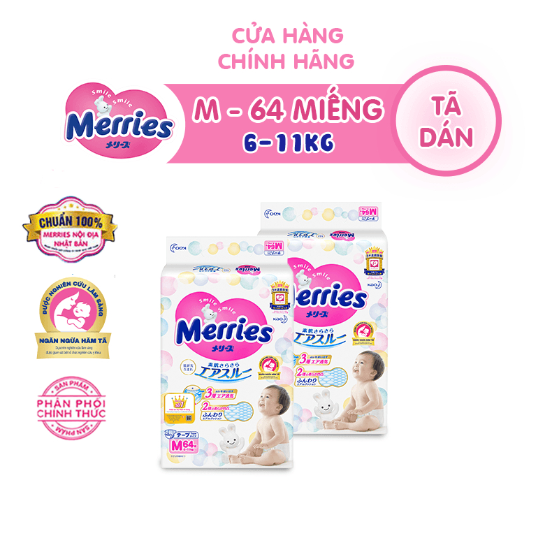 Combo 2 Tã/bỉm dán Merries size M 64 miếng (Cho bé 6 - 11kg)