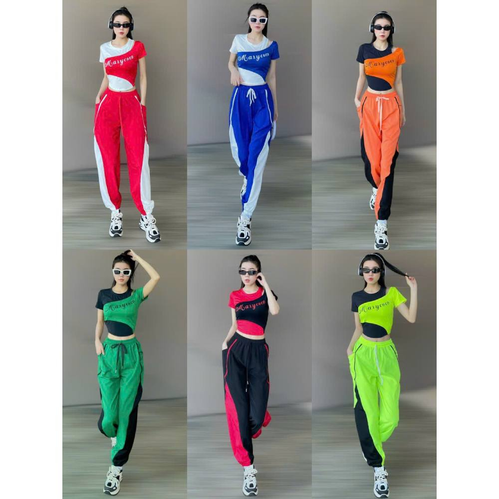Set Bộ Áo Croptop Quần Jogger Chất Thun Phối Màu Cá Tính (Đồ Tập Gym-Yoga Nữ)