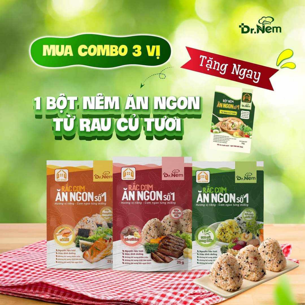 Rắc Cơm Ăn Ngon Dr Nem 3 Vị Cá Hồi Bò Rong Biển Tặng 1 Gói Bột Nêm Rau Củ