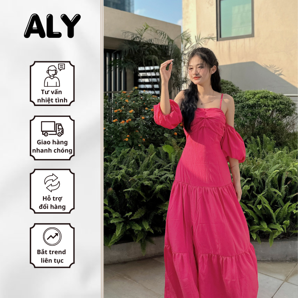 Đầm váy maxi ALY trễ vai dáng xoè xẻ tà chất nhuyễn đi biển sang chảnh [V161]