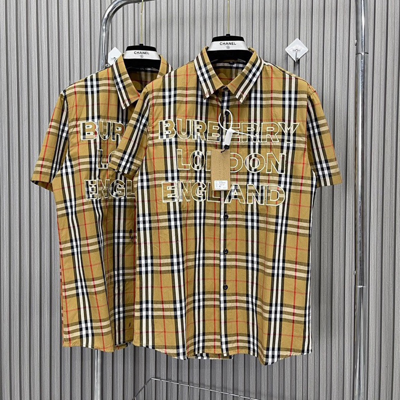 Áo Sơ Mi BURBERRY LONDON ENGLAND Kẻ Vàng Ngắn Tay Thêu Chữ Vải Cotton Lụa Cao Cấp | BigBuy360 - bigbuy360.vn