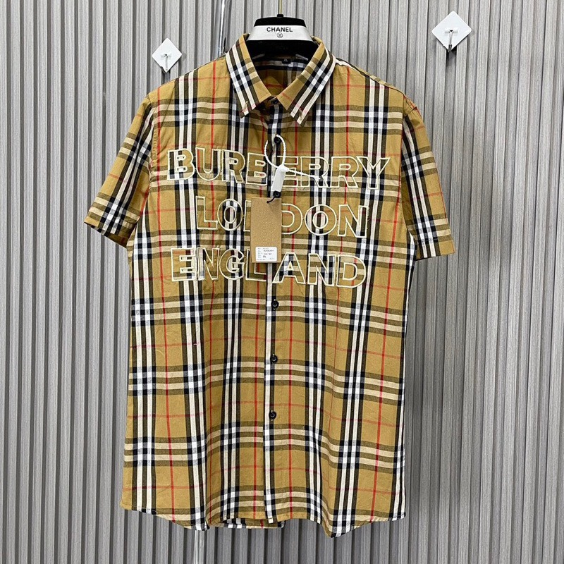 Áo Sơ Mi BURBERRY LONDON ENGLAND Kẻ Vàng Ngắn Tay Thêu Chữ Vải Cotton Lụa Cao Cấp | BigBuy360 - bigbuy360.vn