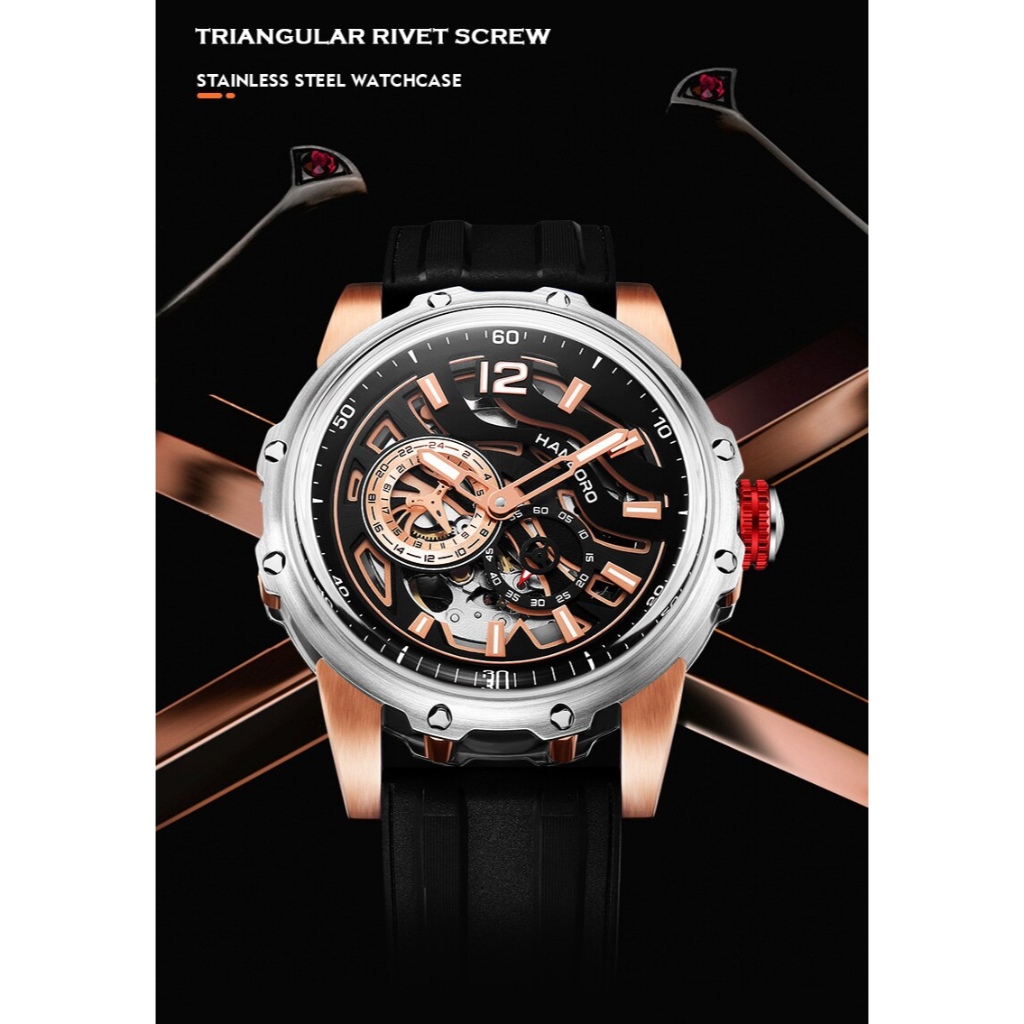 Đồng Hồ Nam Hanboro HBR 8853 Silicone Strap, Máy Automatic , Size 46mm