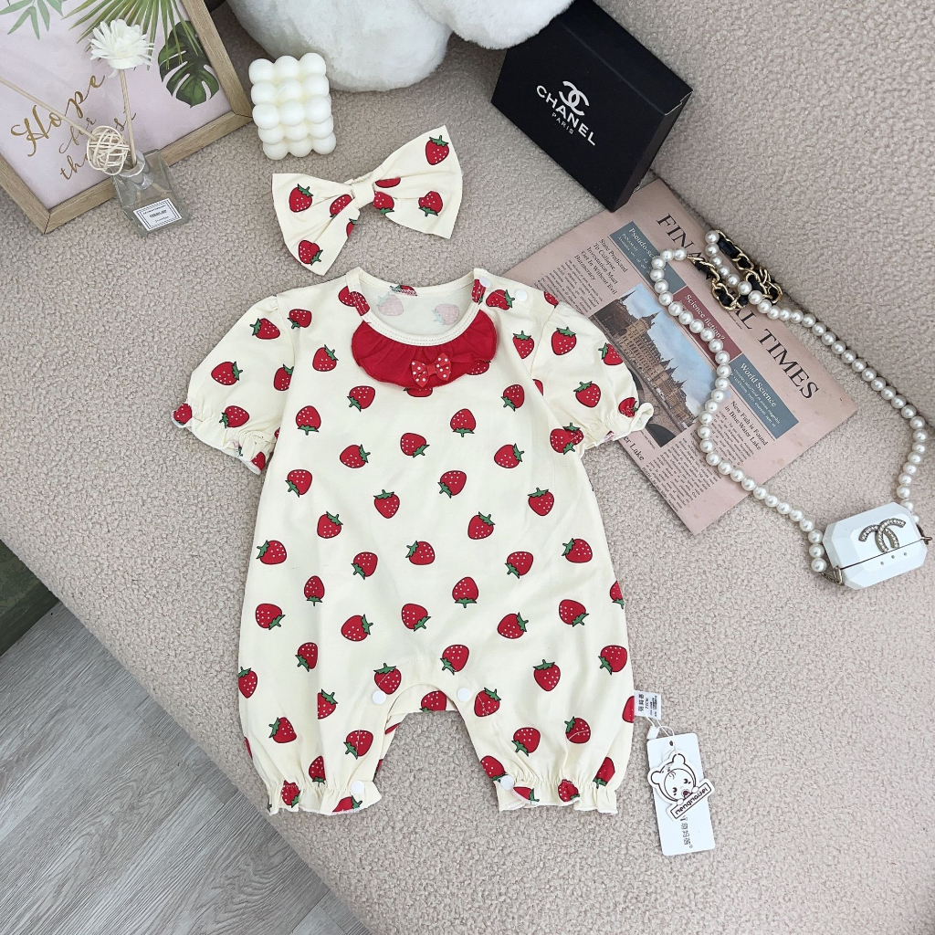Bodysuit Cho Bé Gái Tay Ngắn Họa Tiết Dâu Tây Cổ Tròn  QCCC - Mã 878