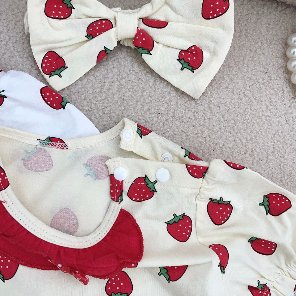 Bodysuit Cho Bé Gái Tay Ngắn Họa Tiết Dâu Tây Cổ Tròn  QCCC - Mã 878